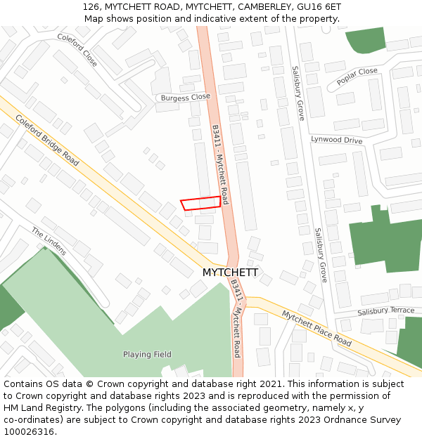 126, MYTCHETT ROAD, MYTCHETT, CAMBERLEY, GU16 6ET: Location map and indicative extent of plot