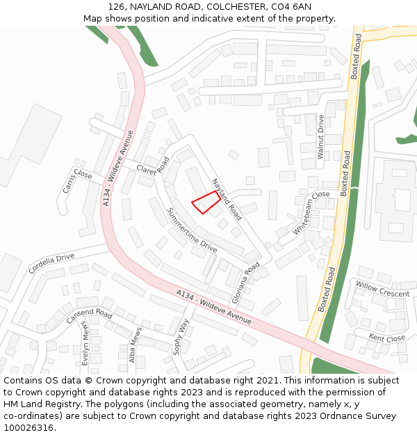 126, NAYLAND ROAD, COLCHESTER, CO4 6AN: Location map and indicative extent of plot