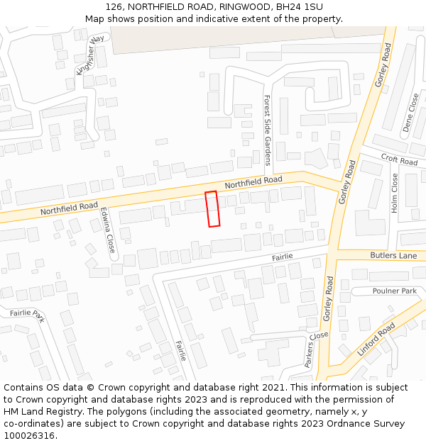 126, NORTHFIELD ROAD, RINGWOOD, BH24 1SU: Location map and indicative extent of plot