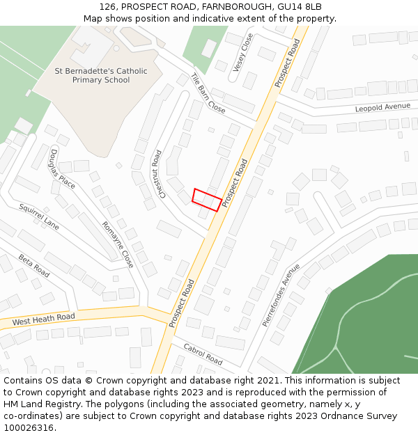 126, PROSPECT ROAD, FARNBOROUGH, GU14 8LB: Location map and indicative extent of plot