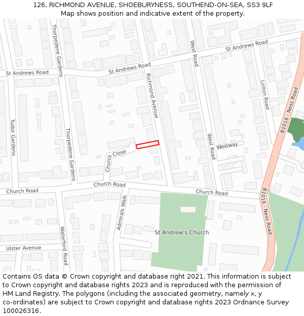 126, RICHMOND AVENUE, SHOEBURYNESS, SOUTHEND-ON-SEA, SS3 9LF: Location map and indicative extent of plot