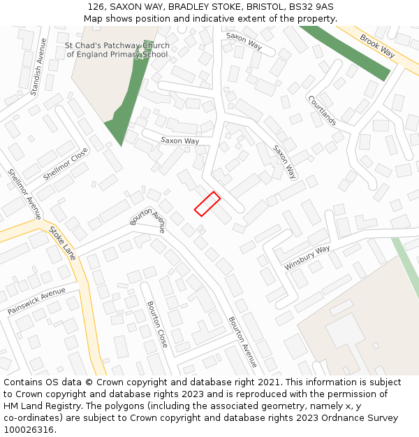 126, SAXON WAY, BRADLEY STOKE, BRISTOL, BS32 9AS: Location map and indicative extent of plot