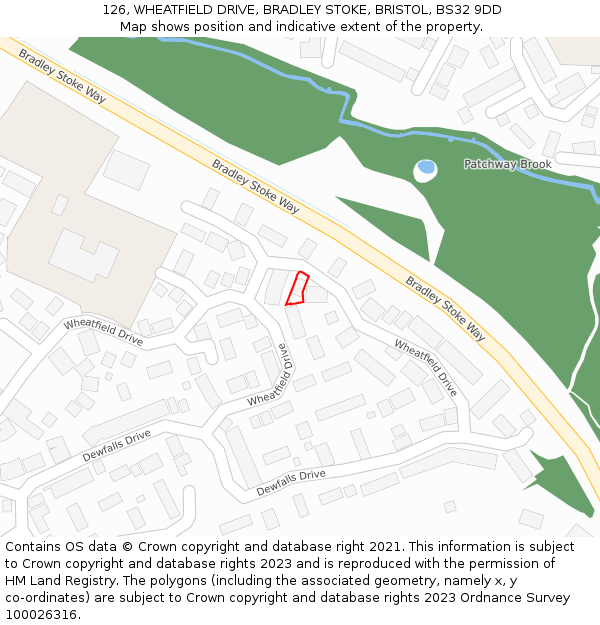 126, WHEATFIELD DRIVE, BRADLEY STOKE, BRISTOL, BS32 9DD: Location map and indicative extent of plot