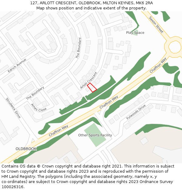 127, ARLOTT CRESCENT, OLDBROOK, MILTON KEYNES, MK6 2RA: Location map and indicative extent of plot