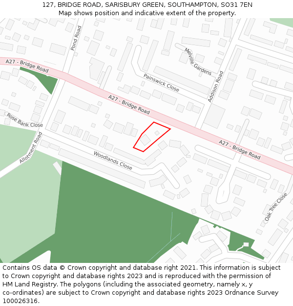 127, BRIDGE ROAD, SARISBURY GREEN, SOUTHAMPTON, SO31 7EN: Location map and indicative extent of plot