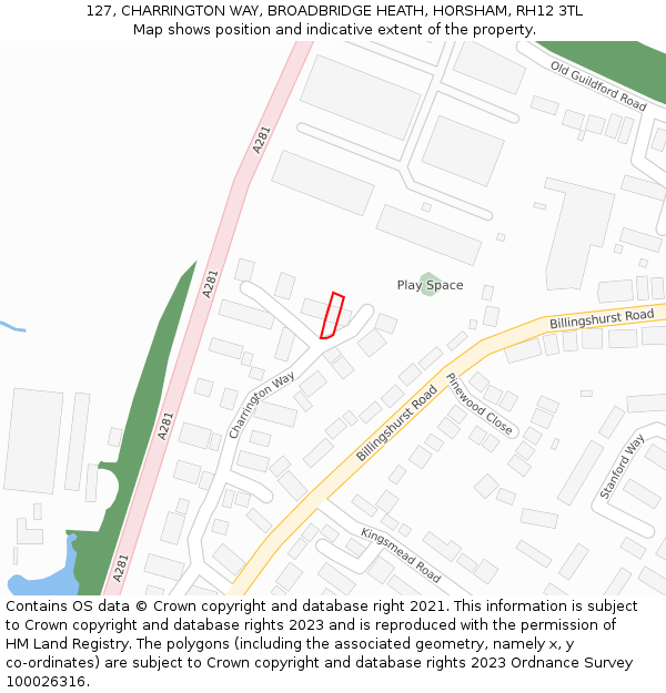 127, CHARRINGTON WAY, BROADBRIDGE HEATH, HORSHAM, RH12 3TL: Location map and indicative extent of plot