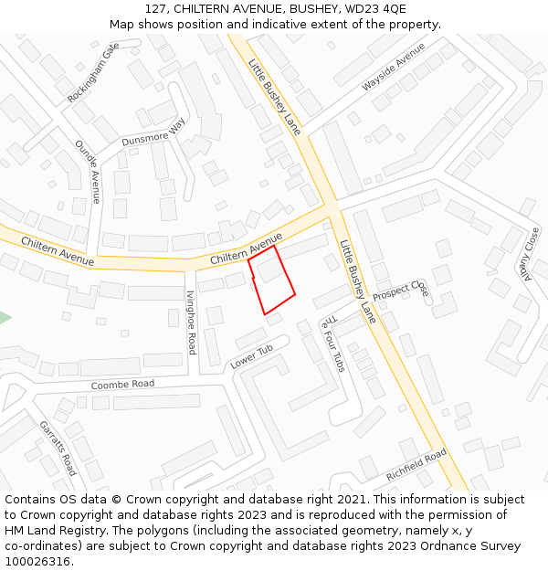 127, CHILTERN AVENUE, BUSHEY, WD23 4QE: Location map and indicative extent of plot