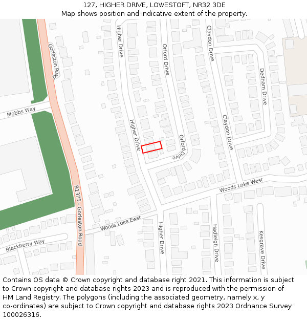 127, HIGHER DRIVE, LOWESTOFT, NR32 3DE: Location map and indicative extent of plot