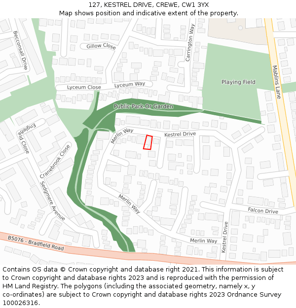 127, KESTREL DRIVE, CREWE, CW1 3YX: Location map and indicative extent of plot