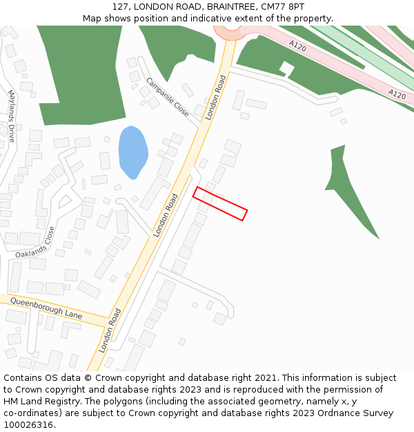 127, LONDON ROAD, BRAINTREE, CM77 8PT: Location map and indicative extent of plot