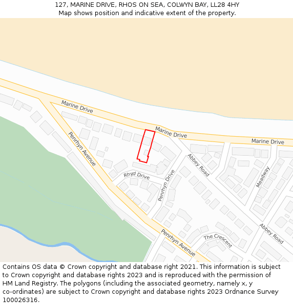 127, MARINE DRIVE, RHOS ON SEA, COLWYN BAY, LL28 4HY: Location map and indicative extent of plot