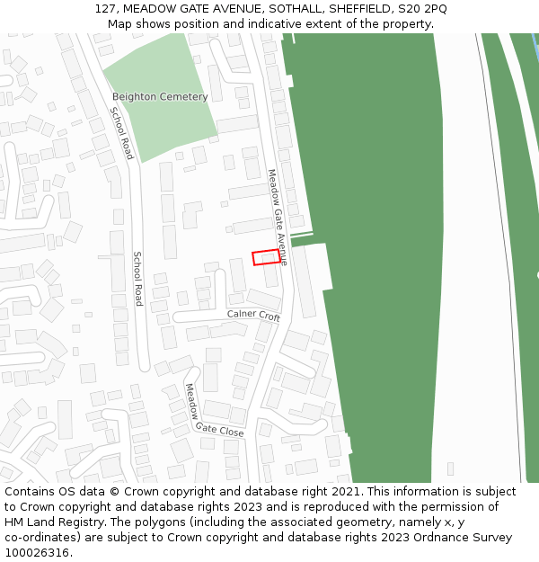 127, MEADOW GATE AVENUE, SOTHALL, SHEFFIELD, S20 2PQ: Location map and indicative extent of plot