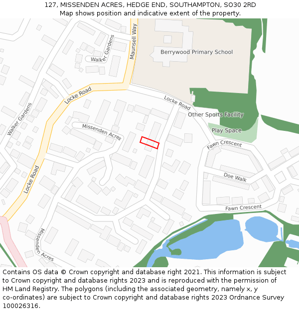 127, MISSENDEN ACRES, HEDGE END, SOUTHAMPTON, SO30 2RD: Location map and indicative extent of plot