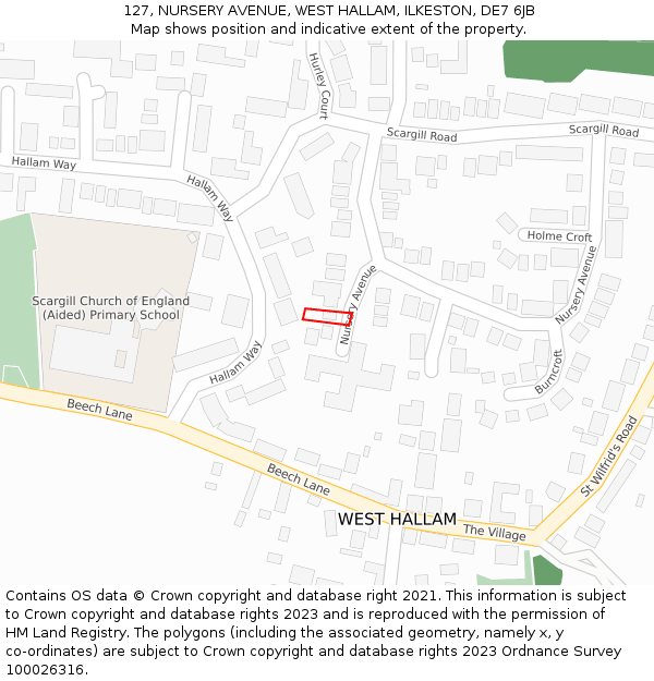 127, NURSERY AVENUE, WEST HALLAM, ILKESTON, DE7 6JB: Location map and indicative extent of plot
