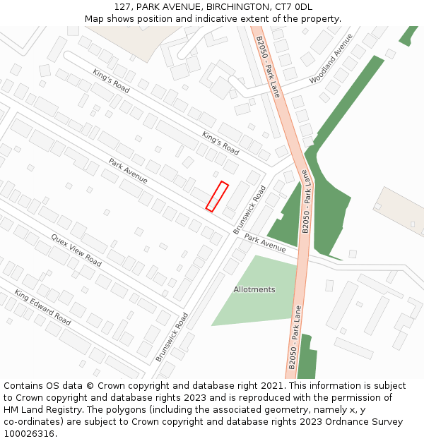 127, PARK AVENUE, BIRCHINGTON, CT7 0DL: Location map and indicative extent of plot