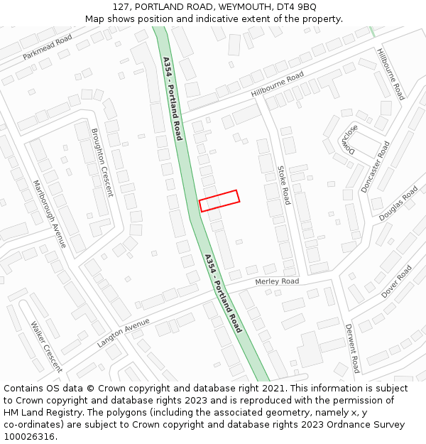 127, PORTLAND ROAD, WEYMOUTH, DT4 9BQ: Location map and indicative extent of plot