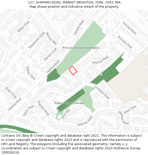 127, SHIPMAN ROAD, MARKET WEIGHTON, YORK, YO43 3RA: Location map and indicative extent of plot