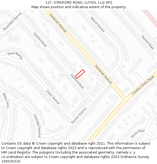 127, STANFORD ROAD, LUTON, LU2 0PZ: Location map and indicative extent of plot