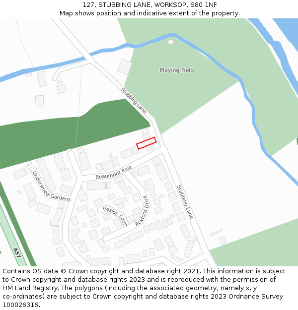 127, STUBBING LANE, WORKSOP, S80 1NF: Location map and indicative extent of plot