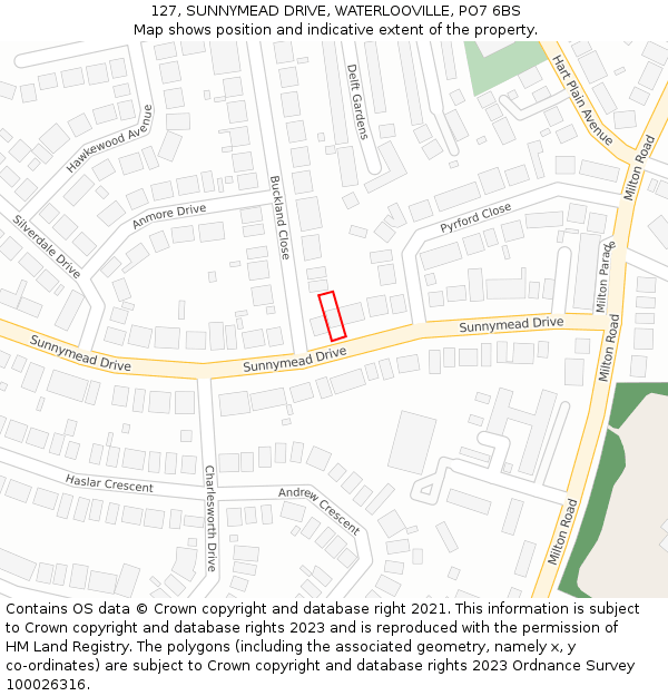 127, SUNNYMEAD DRIVE, WATERLOOVILLE, PO7 6BS: Location map and indicative extent of plot