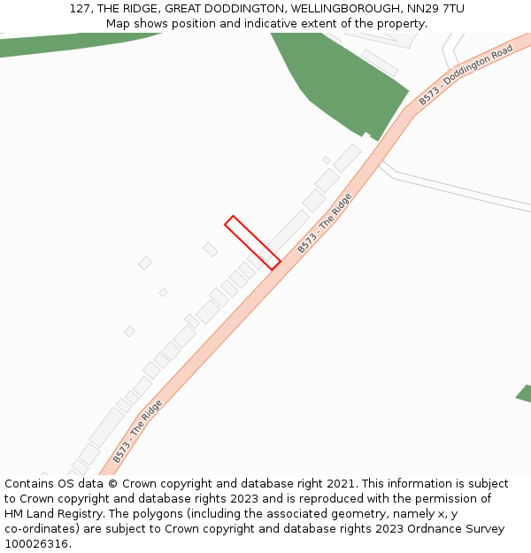 127, THE RIDGE, GREAT DODDINGTON, WELLINGBOROUGH, NN29 7TU: Location map and indicative extent of plot