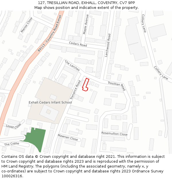 127, TRESILLIAN ROAD, EXHALL, COVENTRY, CV7 9PP: Location map and indicative extent of plot