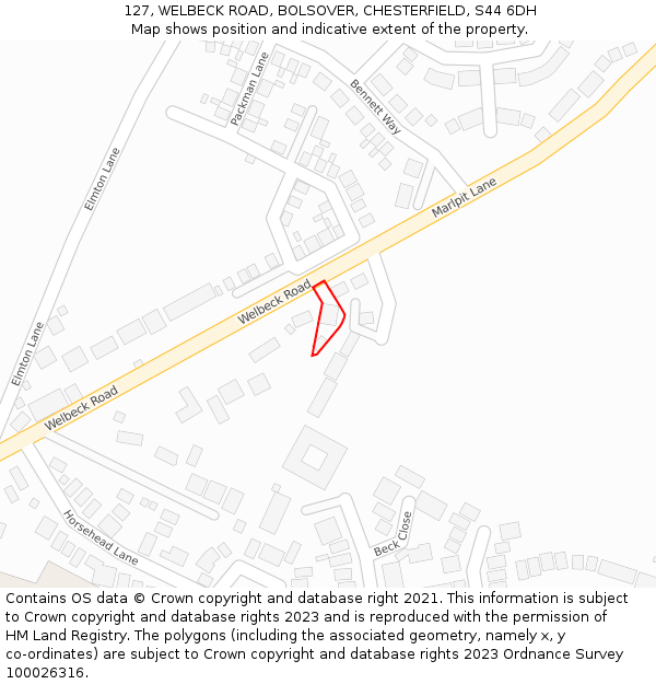 127, WELBECK ROAD, BOLSOVER, CHESTERFIELD, S44 6DH: Location map and indicative extent of plot