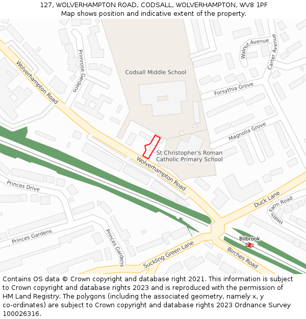 127, WOLVERHAMPTON ROAD, CODSALL, WOLVERHAMPTON, WV8 1PF: Location map and indicative extent of plot