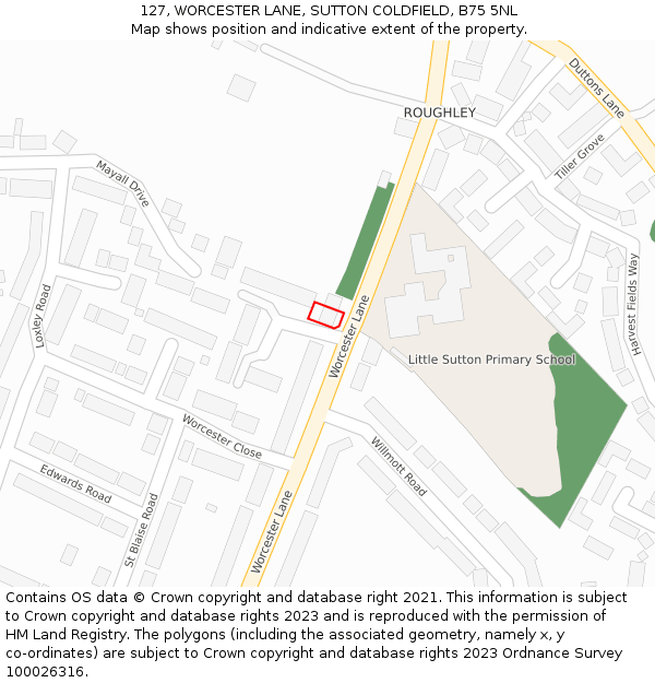 127, WORCESTER LANE, SUTTON COLDFIELD, B75 5NL: Location map and indicative extent of plot