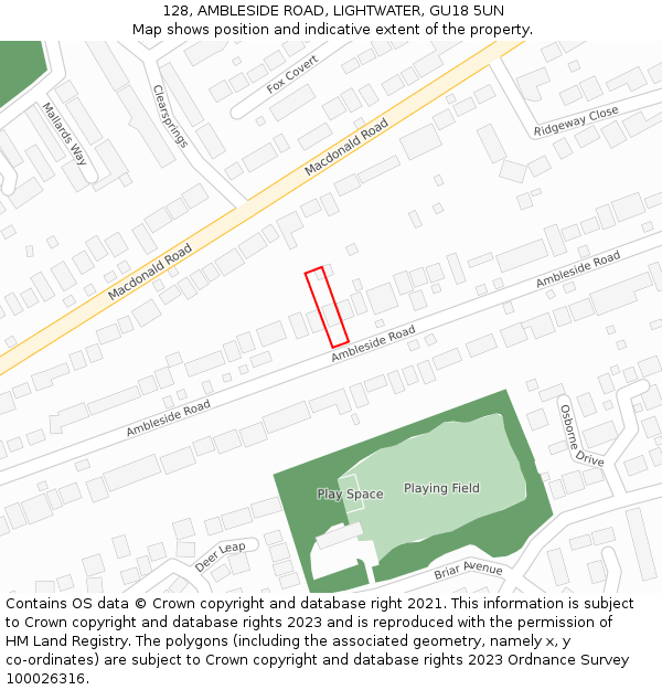 128, AMBLESIDE ROAD, LIGHTWATER, GU18 5UN: Location map and indicative extent of plot