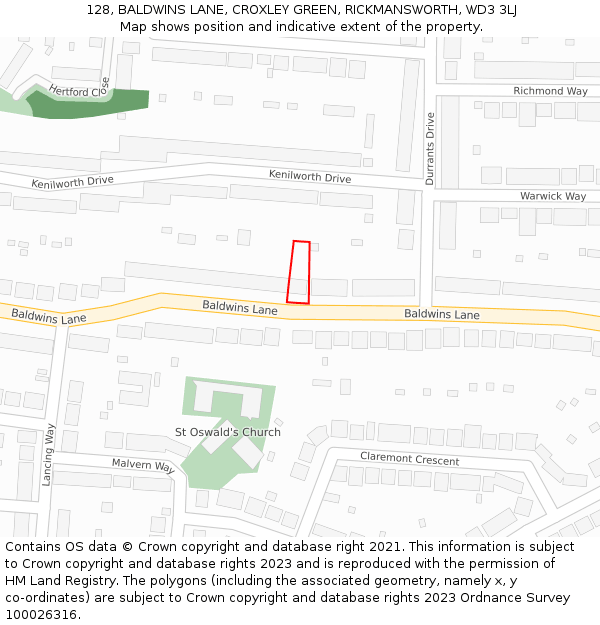 128, BALDWINS LANE, CROXLEY GREEN, RICKMANSWORTH, WD3 3LJ: Location map and indicative extent of plot