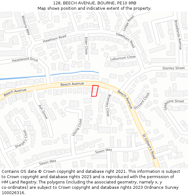 128, BEECH AVENUE, BOURNE, PE10 9RB: Location map and indicative extent of plot