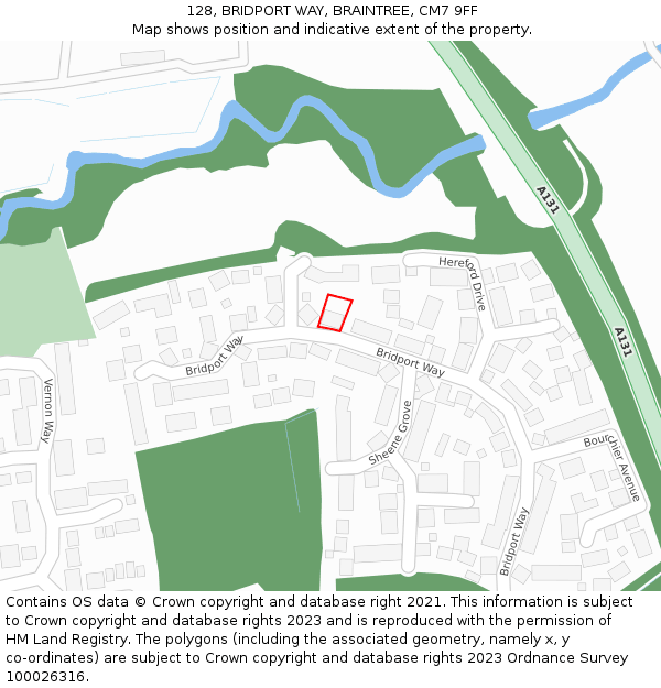 128, BRIDPORT WAY, BRAINTREE, CM7 9FF: Location map and indicative extent of plot