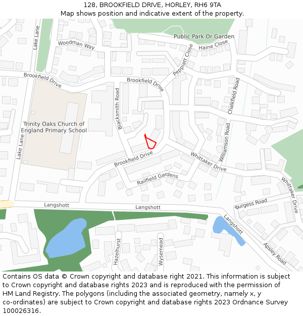 128, BROOKFIELD DRIVE, HORLEY, RH6 9TA: Location map and indicative extent of plot