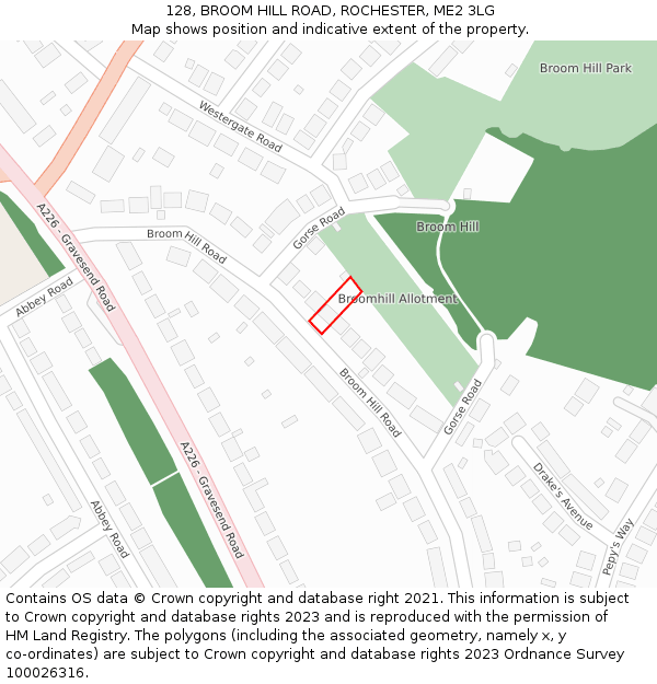 128, BROOM HILL ROAD, ROCHESTER, ME2 3LG: Location map and indicative extent of plot