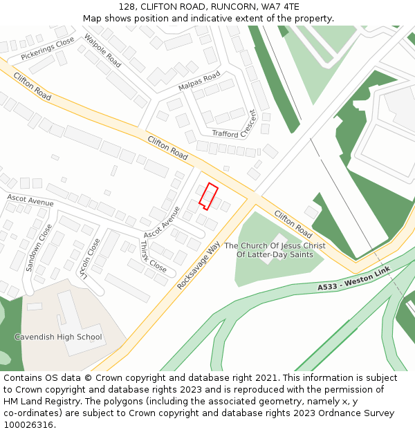 128, CLIFTON ROAD, RUNCORN, WA7 4TE: Location map and indicative extent of plot