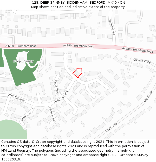 128, DEEP SPINNEY, BIDDENHAM, BEDFORD, MK40 4QN: Location map and indicative extent of plot