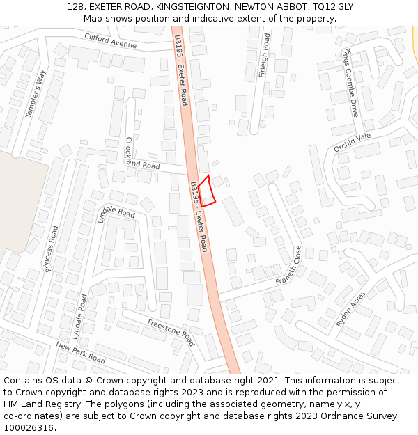 128, EXETER ROAD, KINGSTEIGNTON, NEWTON ABBOT, TQ12 3LY: Location map and indicative extent of plot