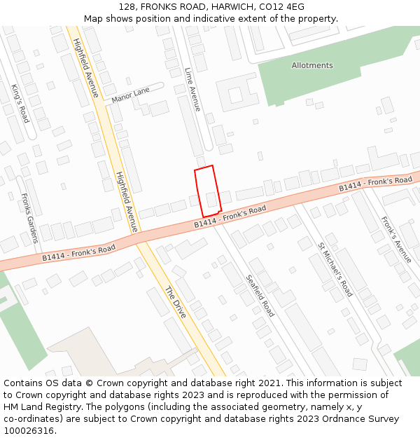 128, FRONKS ROAD, HARWICH, CO12 4EG: Location map and indicative extent of plot