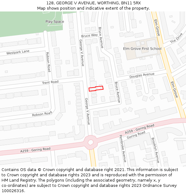 128, GEORGE V AVENUE, WORTHING, BN11 5RX: Location map and indicative extent of plot