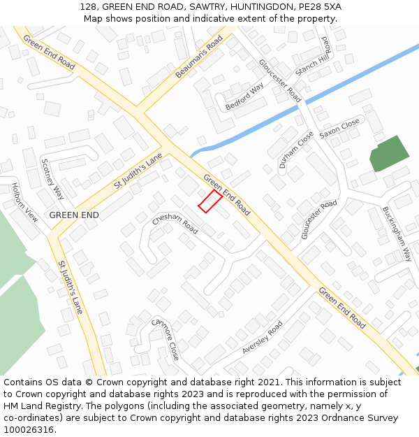 128, GREEN END ROAD, SAWTRY, HUNTINGDON, PE28 5XA: Location map and indicative extent of plot