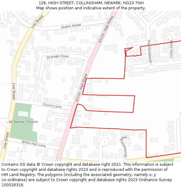 128, HIGH STREET, COLLINGHAM, NEWARK, NG23 7NH: Location map and indicative extent of plot