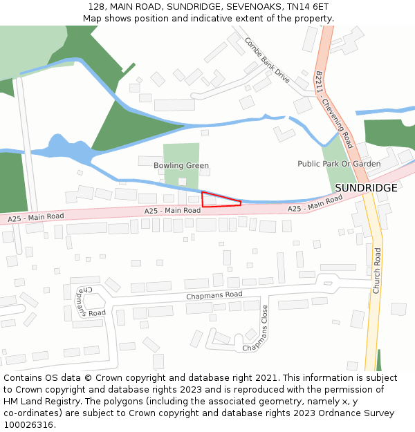 128, MAIN ROAD, SUNDRIDGE, SEVENOAKS, TN14 6ET: Location map and indicative extent of plot