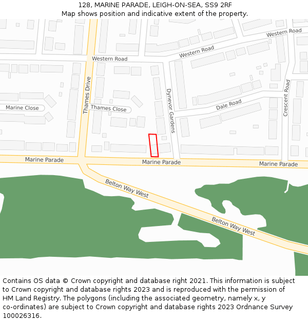 128, MARINE PARADE, LEIGH-ON-SEA, SS9 2RF: Location map and indicative extent of plot