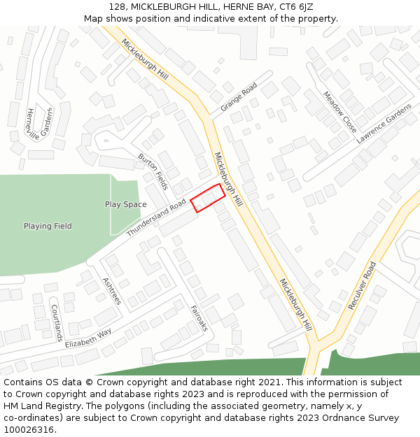 128, MICKLEBURGH HILL, HERNE BAY, CT6 6JZ: Location map and indicative extent of plot