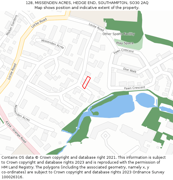 128, MISSENDEN ACRES, HEDGE END, SOUTHAMPTON, SO30 2AQ: Location map and indicative extent of plot