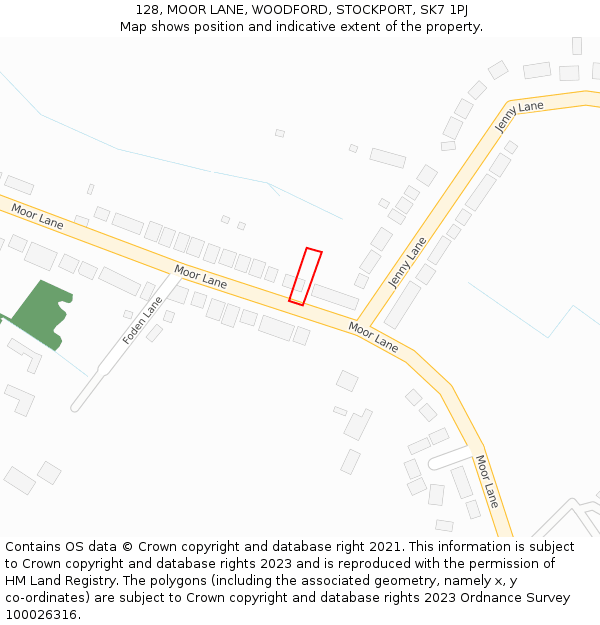 128, MOOR LANE, WOODFORD, STOCKPORT, SK7 1PJ: Location map and indicative extent of plot