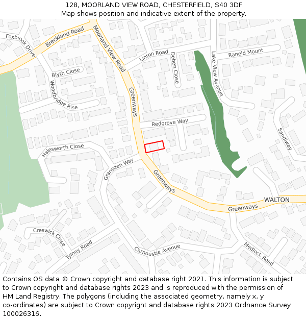 128, MOORLAND VIEW ROAD, CHESTERFIELD, S40 3DF: Location map and indicative extent of plot