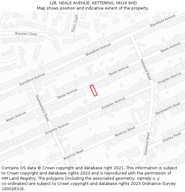 128, NEALE AVENUE, KETTERING, NN16 9HD: Location map and indicative extent of plot