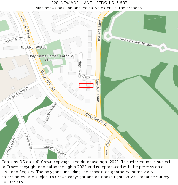 128, NEW ADEL LANE, LEEDS, LS16 6BB: Location map and indicative extent of plot